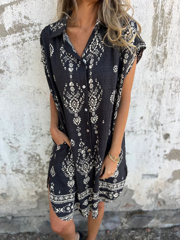 Korte Mouwen Casual Linnen Katoenen Shirt Jurk met Zak 5
