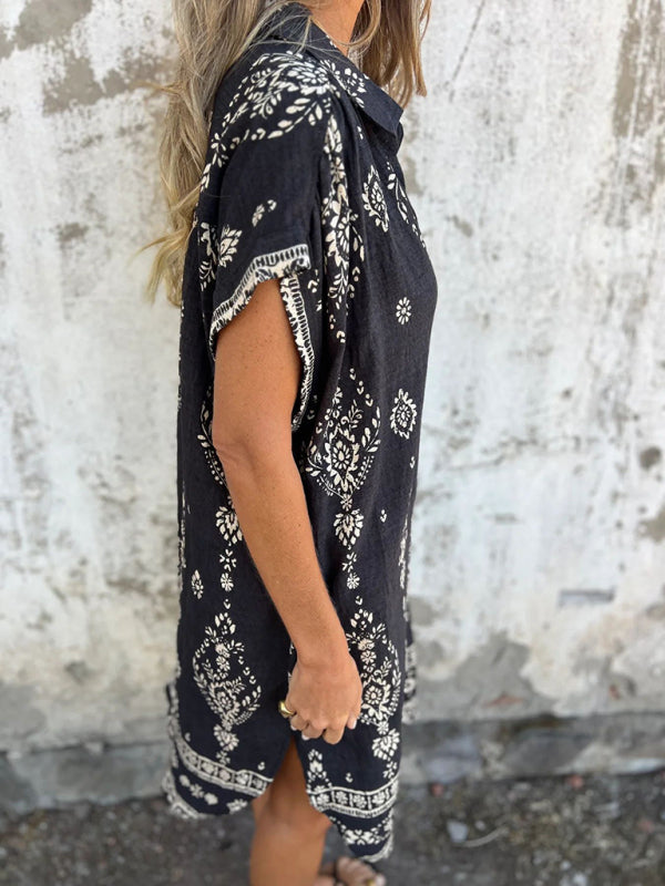 Korte Mouwen Casual Linnen Katoenen Shirt Jurk met Zak 6