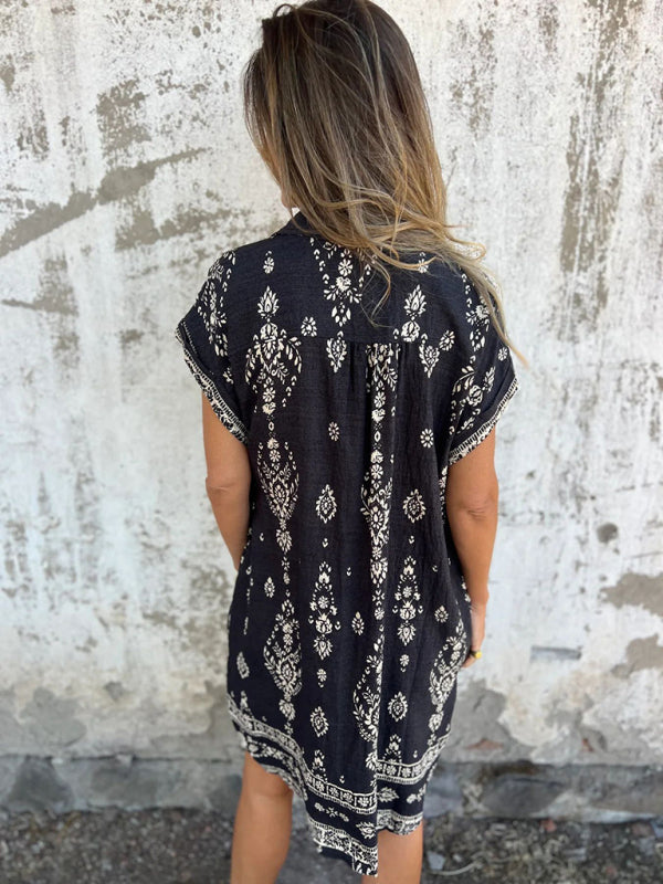 Korte Mouwen Casual Linnen Katoenen Shirt Jurk met Zak 7