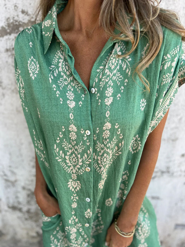 Korte Mouwen Casual Linnen Katoenen Shirt Jurk met Zak 9