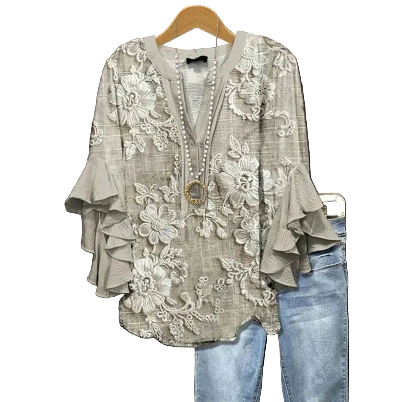Dames T-shirt met bloemenprint en ruches aan de zoom