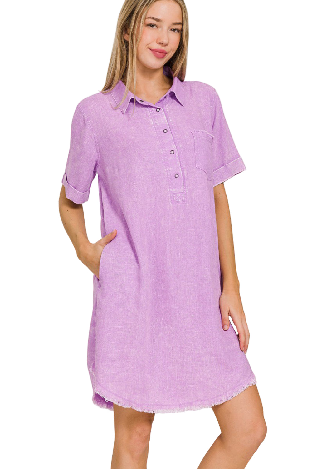 Lange Jurk Dames Linnen Met Rauwe Zoom en Zakjes voor Zomer Kleding Dames 0