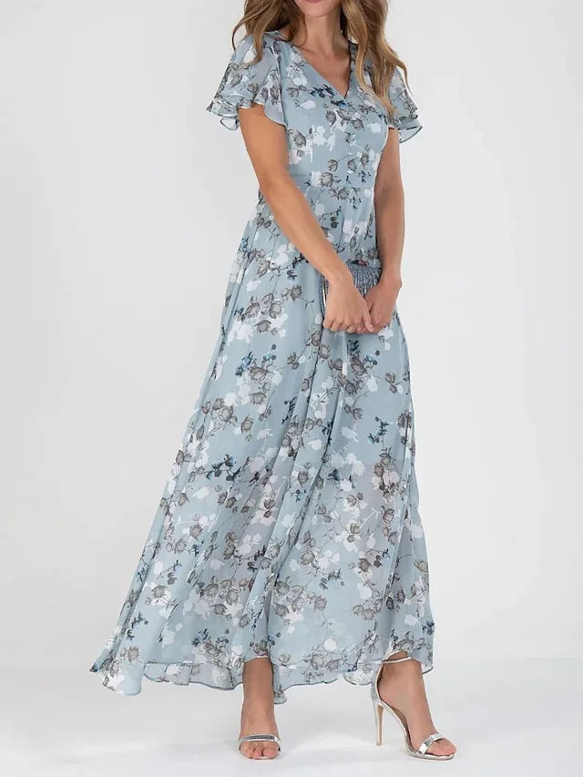 Maxi-jurk voor dames met bloemenprint, V-hals en korte, flatterende mouwen. 1