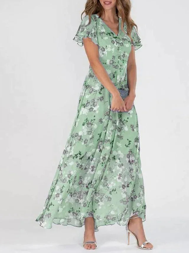 Maxi-jurk voor dames met bloemenprint, V-hals en korte, flatterende mouwen. 2