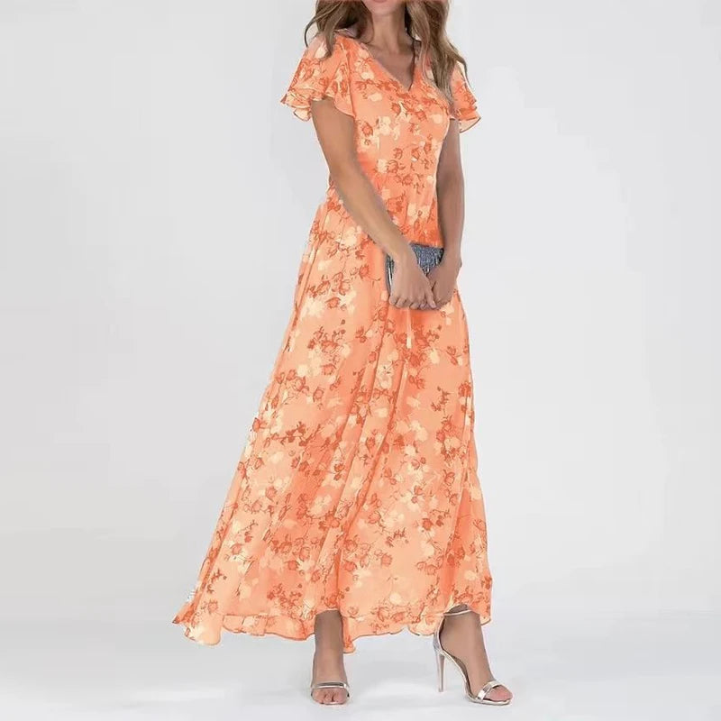 Maxi-jurk voor dames met bloemenprint, V-hals en korte, flatterende mouwen. 3