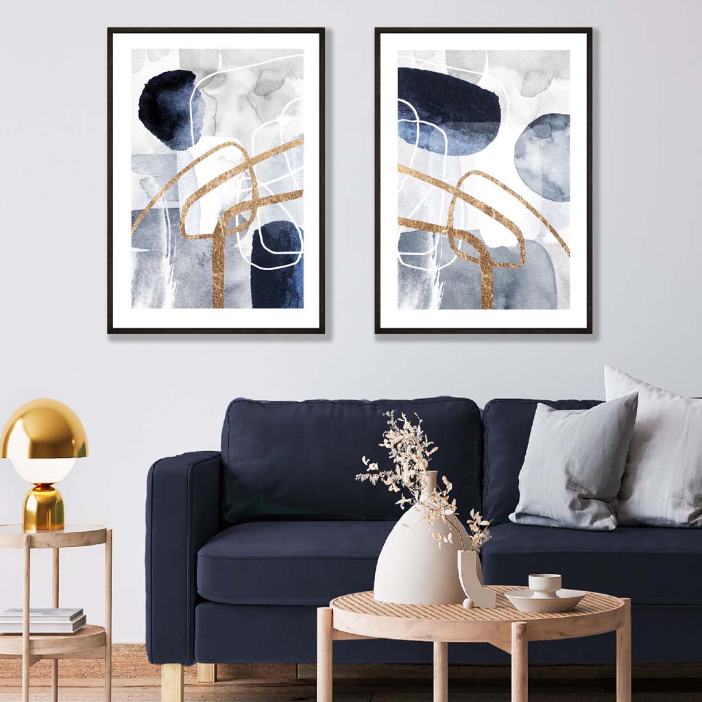 Set van 2 Abstracte Kunstafdrukken Blauw en Goud voor Wanddecoratie 1
