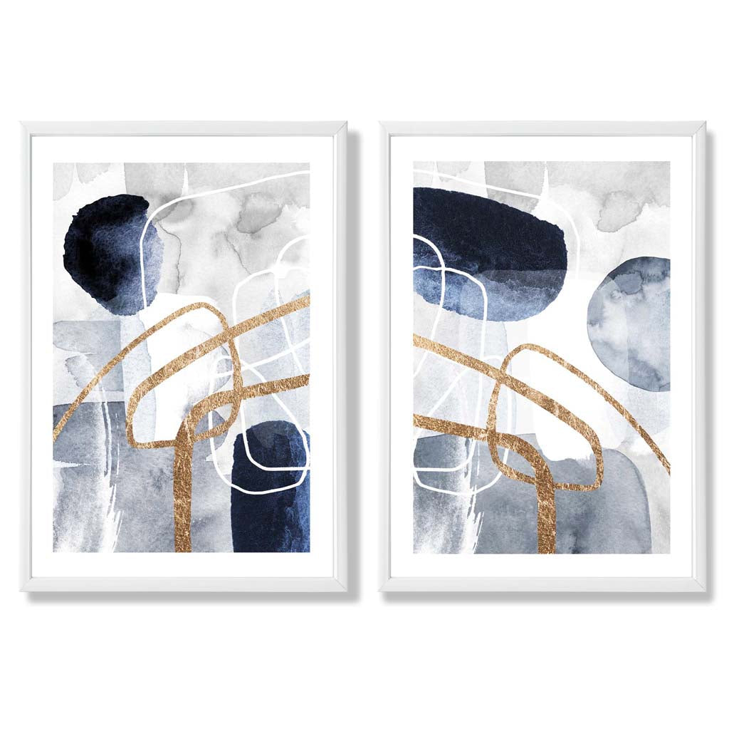 Set van 2 Abstracte Kunstafdrukken Blauw en Goud voor Wanddecoratie 3