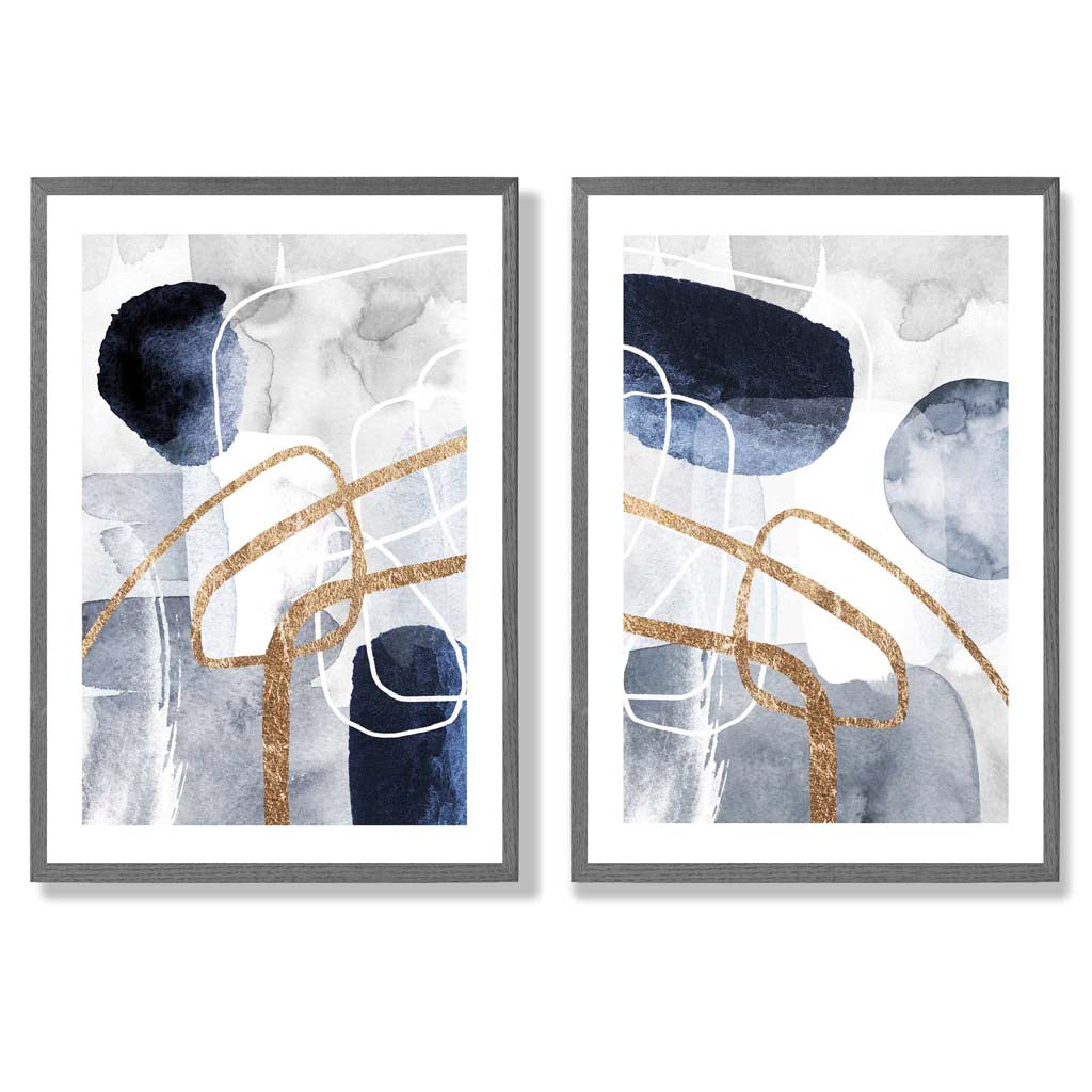 Set van 2 Abstracte Kunstafdrukken Blauw en Goud voor Wanddecoratie 4