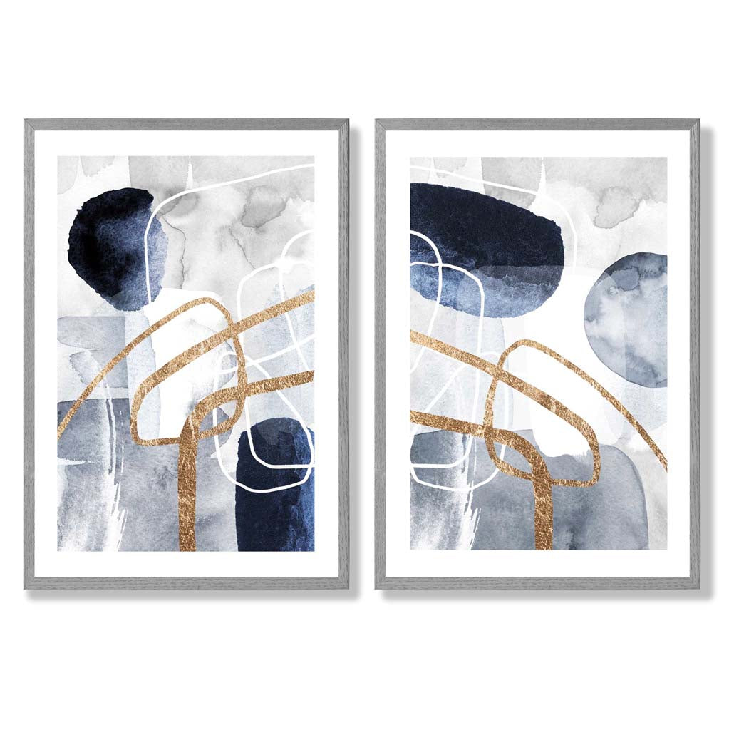 Set van 2 Abstracte Kunstafdrukken Blauw en Goud voor Wanddecoratie 5