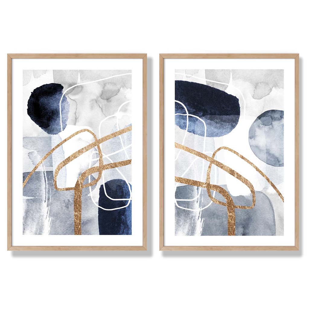 Set van 2 Abstracte Kunstafdrukken Blauw en Goud voor Wanddecoratie 6
