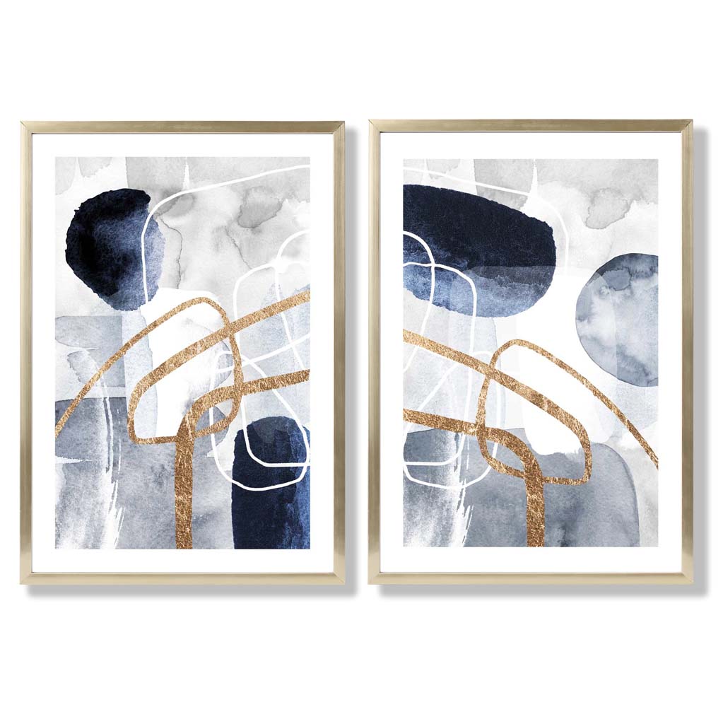 Set van 2 Abstracte Kunstafdrukken Blauw en Goud voor Wanddecoratie 8