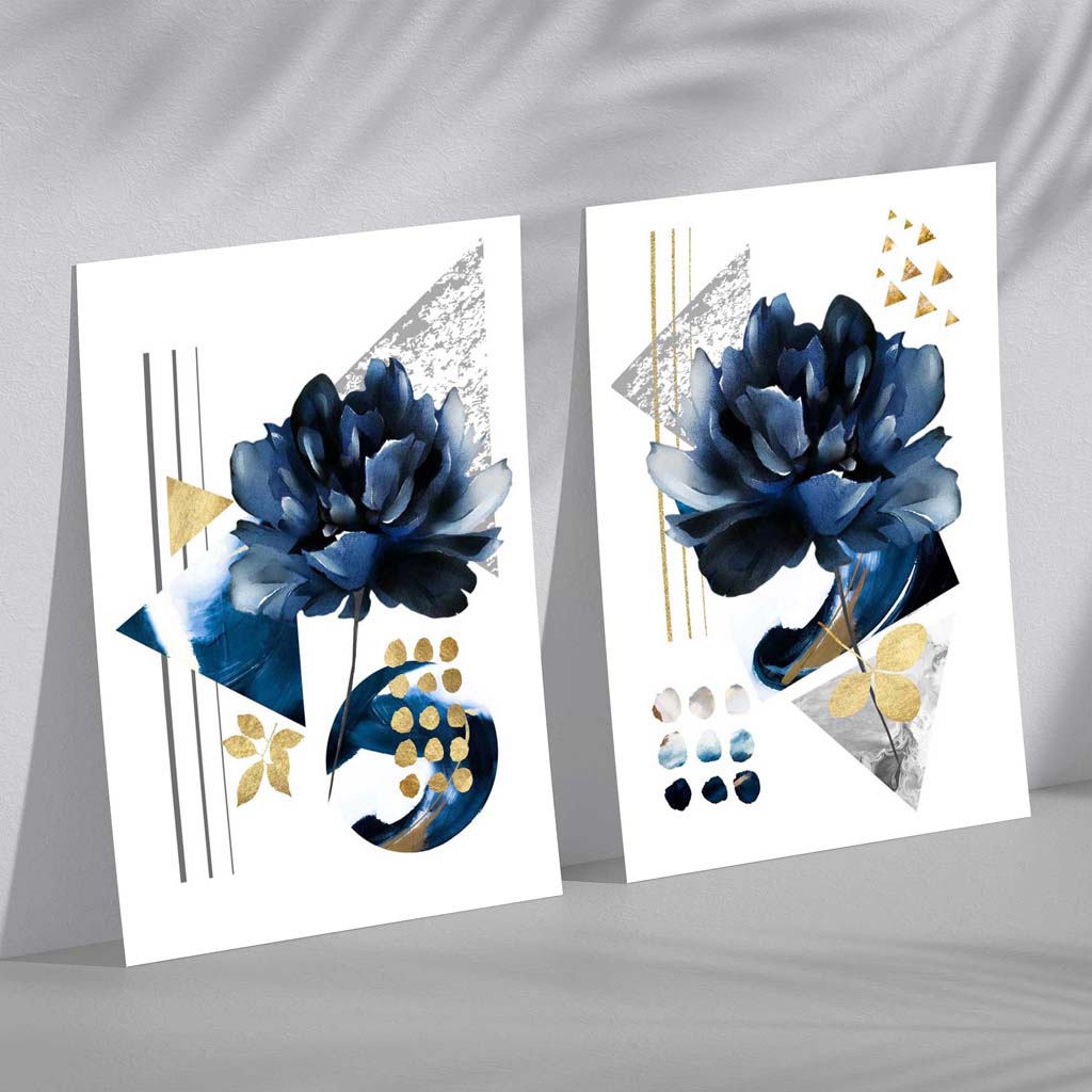 Set van 2 Bloemen Kunstprints Blauw en Goud Moderne Wanddecoratie 0