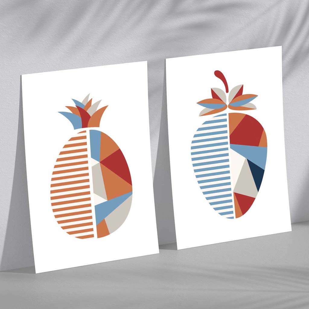 Set van 2 Geometrische Kunstprints Aardbeien in Blauw en Oranje 0