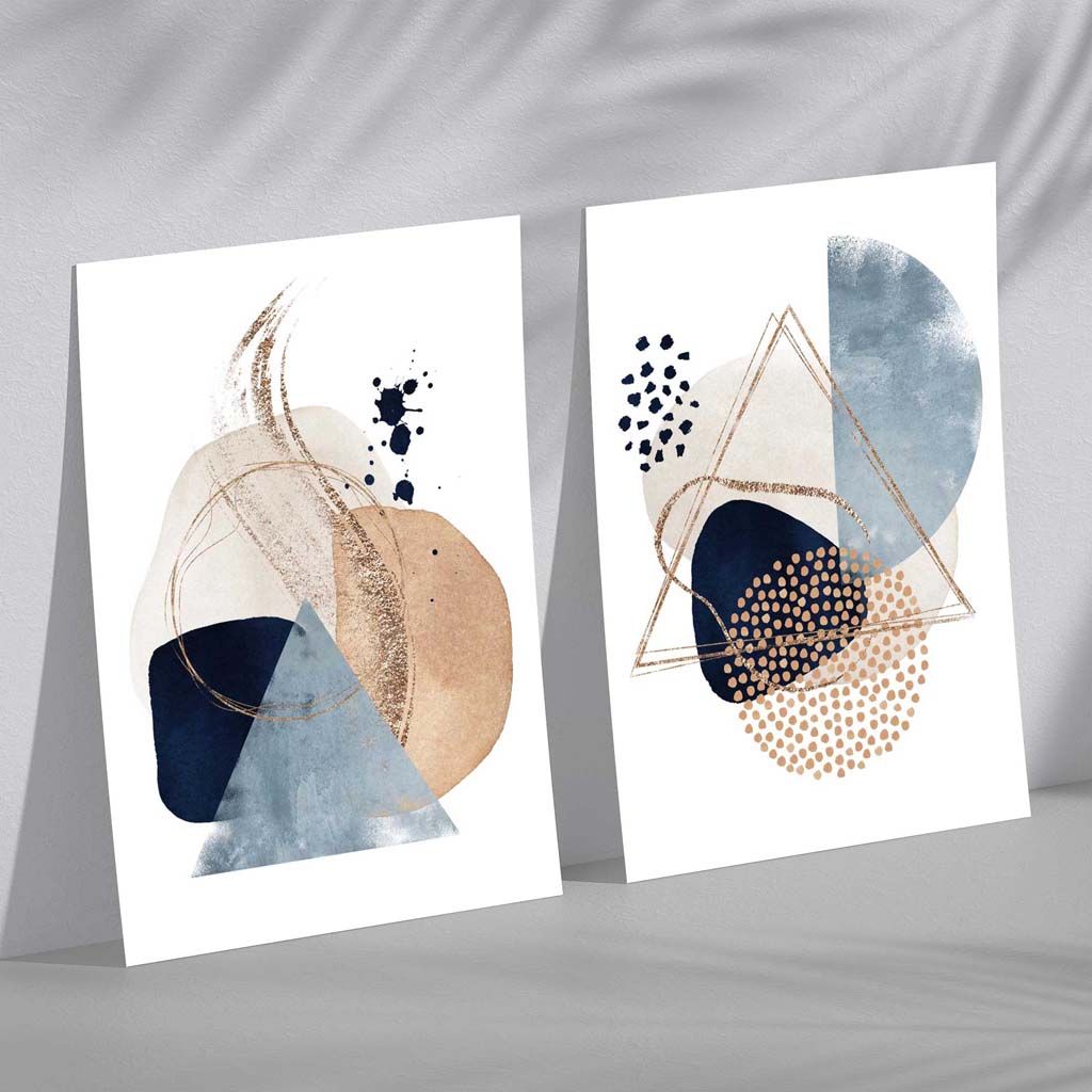 Set van 2 Kunstafdrukken Aquarelvormen Blauw en Beige 0