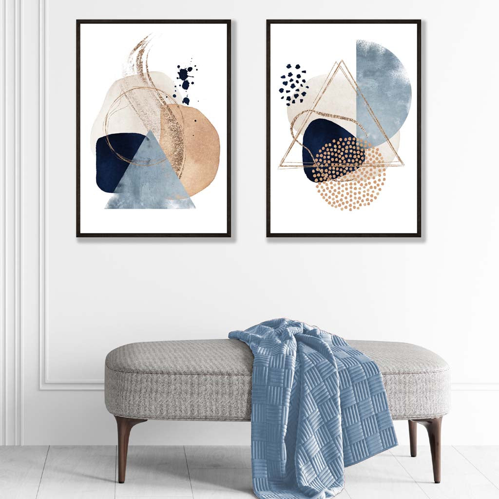 Set van 2 Kunstafdrukken Aquarelvormen Blauw en Beige 1