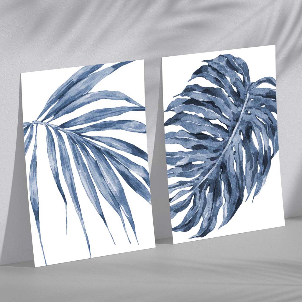 Set van 2 Kunstafdrukken Blauwe Monstera en Papyrus Aquarelstijl voor Wanddecoratie 0