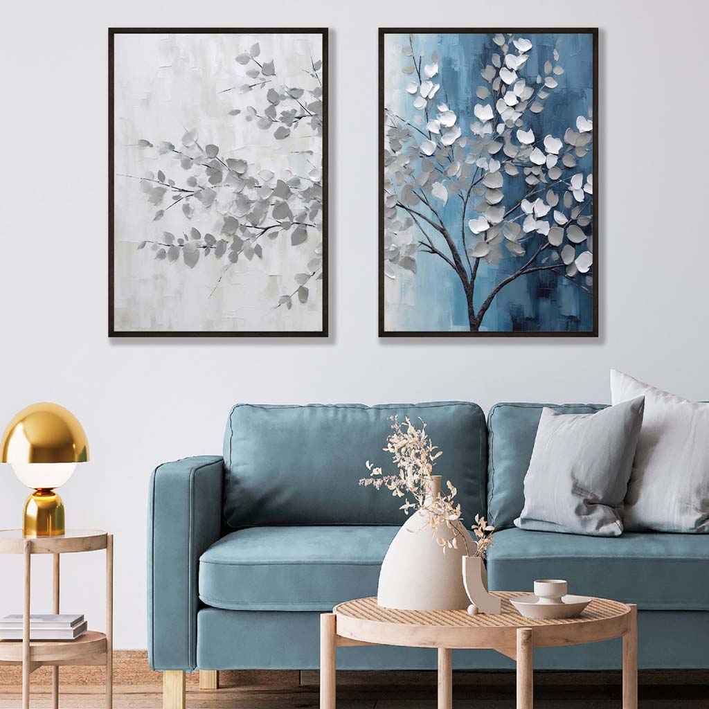 Set van 2 Kunstafdrukken met Bomen in Blauw en Grijs voor Wanddecoratie 1