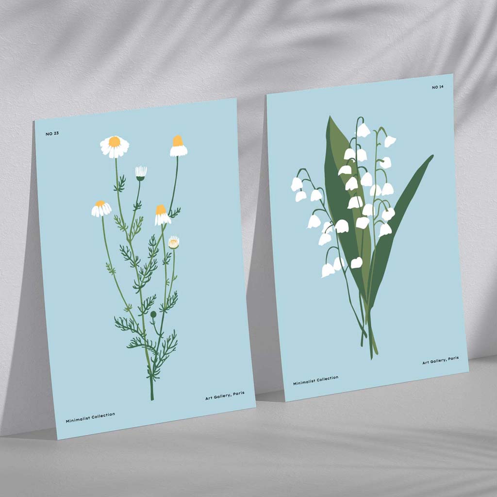 Set van 2 Kunstprints Blauwe Bloemen Illustraties 0