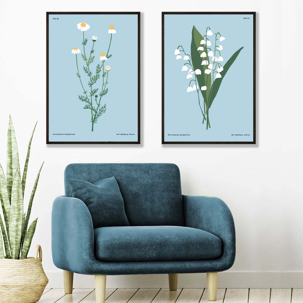 Set van 2 Kunstprints Blauwe Bloemen Illustraties 1