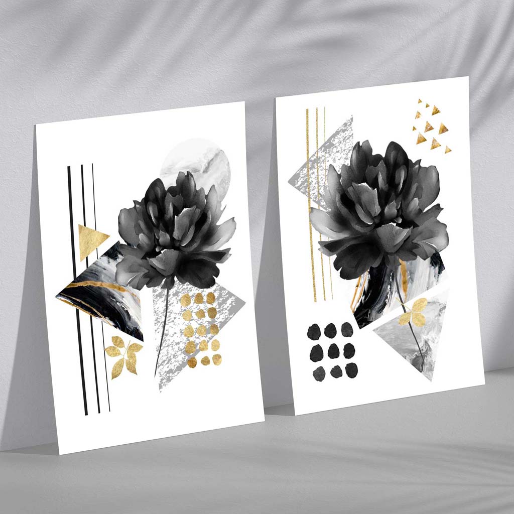 Set van 2 Kunstprints Moderne Bloemen Zwart en Goud 0