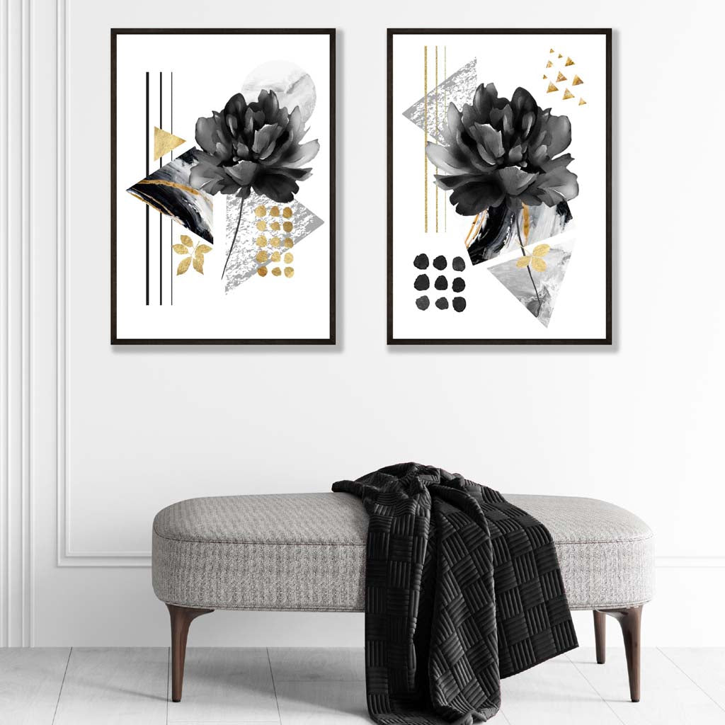 Set van 2 Kunstprints Moderne Bloemen Zwart en Goud 1
