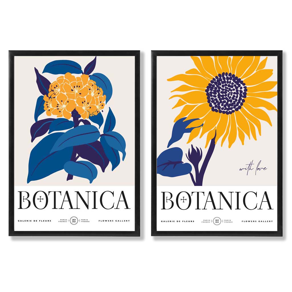 Set van 2 Kunstprints met Zonnebloemen in Blauw en Geel 0