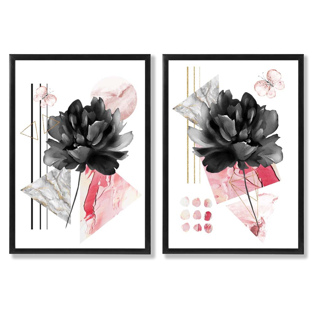 Set van 2 Moderne Kunstprints Bloemen in Zwart en Roze voor Thuis Decoratie 0