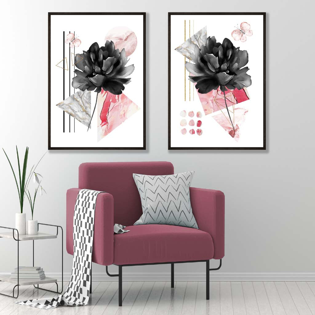 Set van 2 Moderne Kunstprints Bloemen in Zwart en Roze voor Thuis Decoratie 1