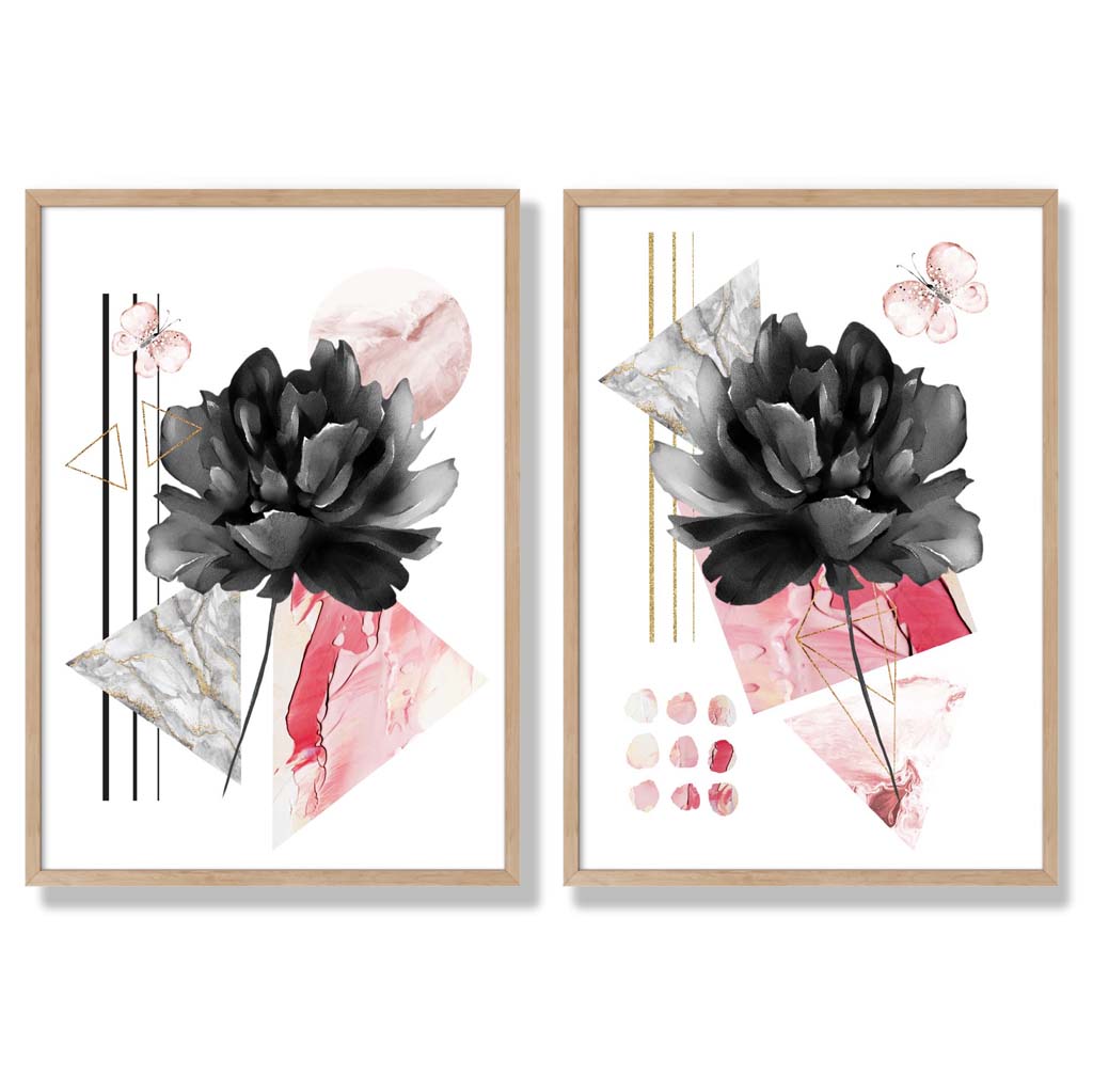 Set van 2 Moderne Kunstprints Bloemen in Zwart en Roze voor Thuis Decoratie 6