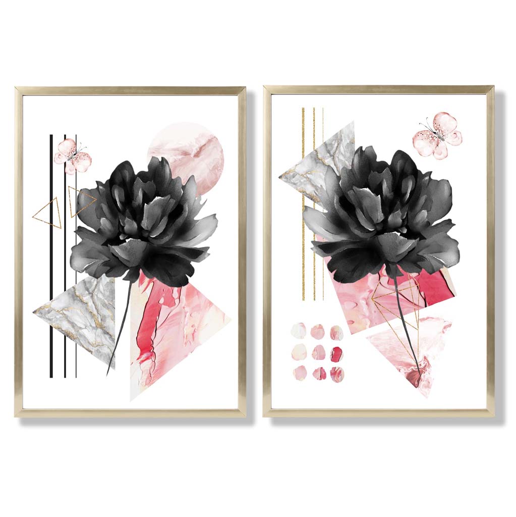 Set van 2 Moderne Kunstprints Bloemen in Zwart en Roze voor Thuis Decoratie 8