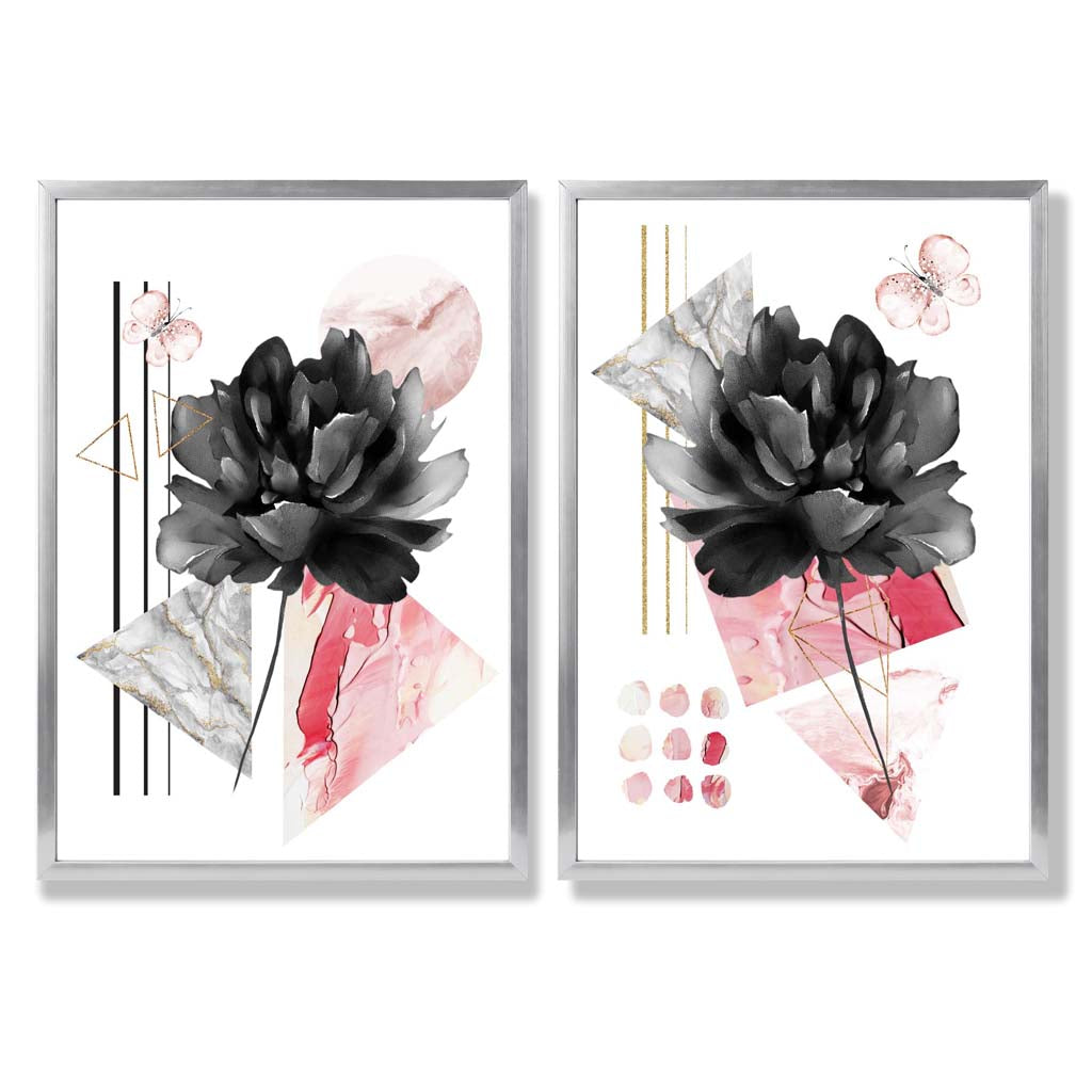 Set van 2 Moderne Kunstprints Bloemen in Zwart en Roze voor Thuis Decoratie 9