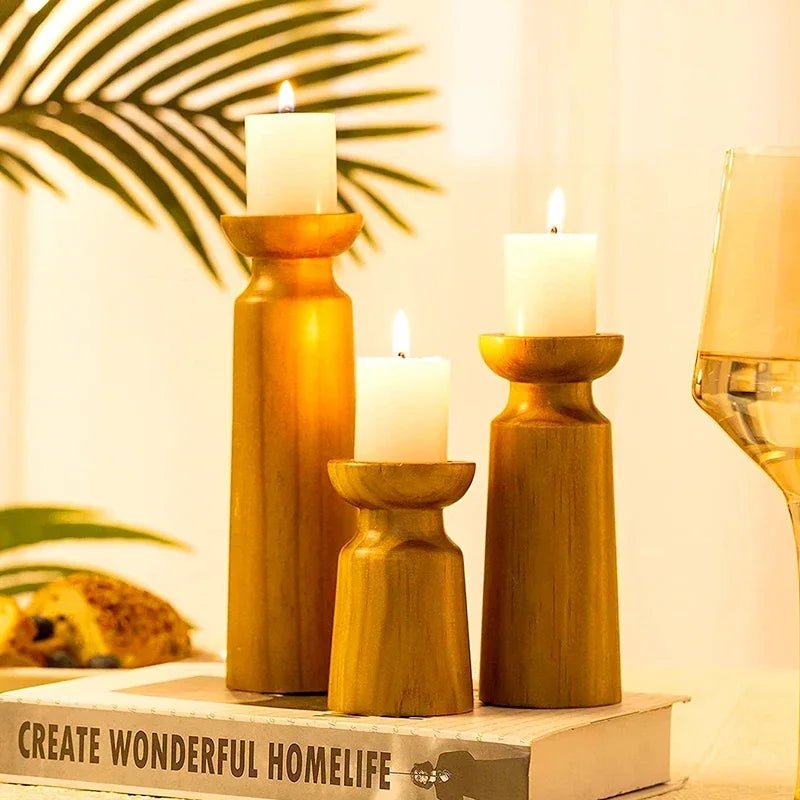 Set van 3 Houten Kandelaars Retro Stijl voor Gezellige Decoratie 3