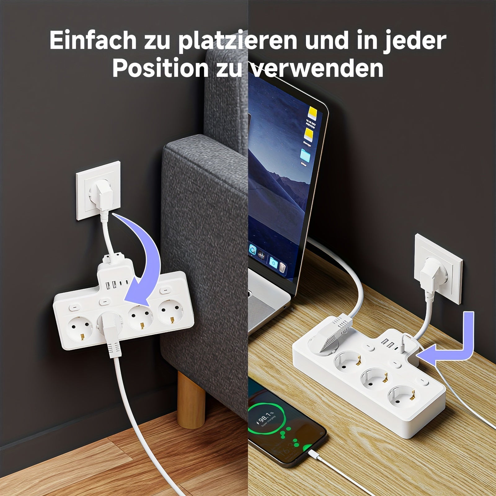 Stekkerdoos Met USB 7-in-1 Voor Thuis En Kantoor Met 4 AC-aansluitingen En Type-C Lader 3