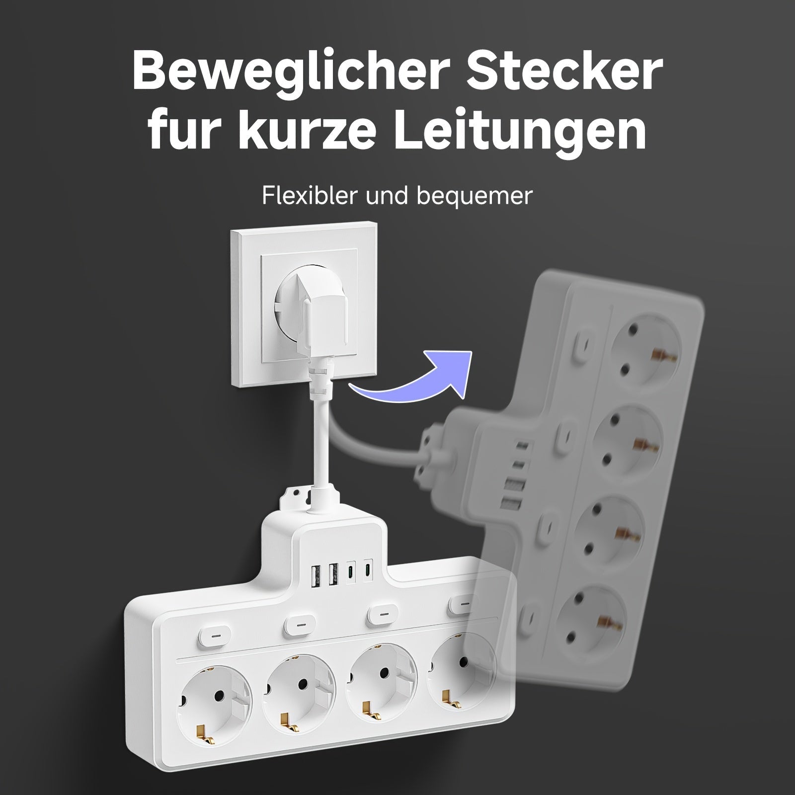 Stekkerdoos Met USB 7-in-1 Voor Thuis En Kantoor Met 4 AC-aansluitingen En Type-C Lader 7