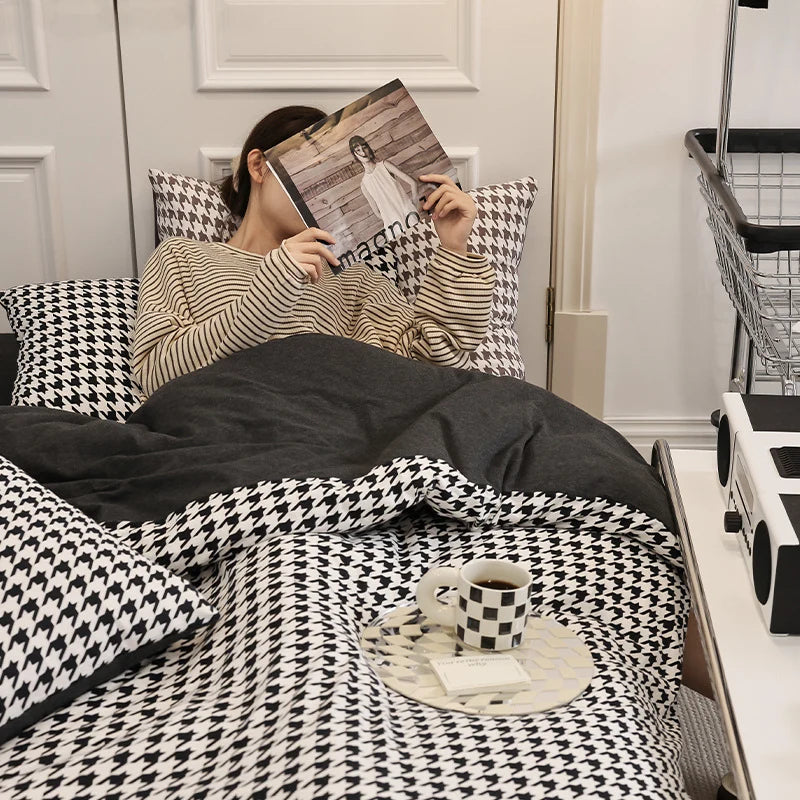 Unisex Dekbedovertrekset Omkeerbaar Pied-de-Poule Design 0