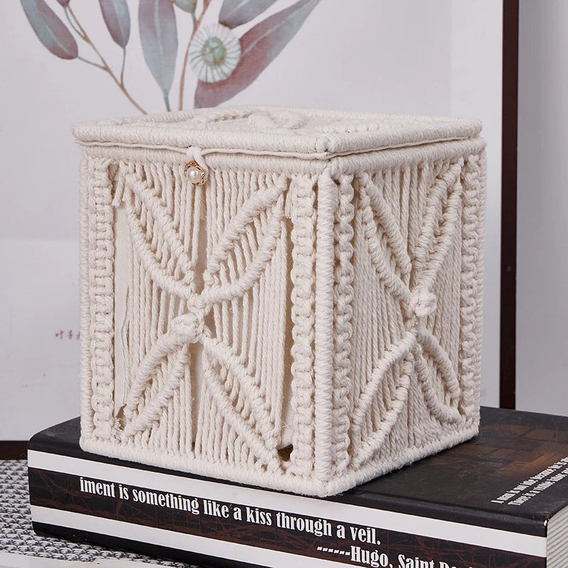 Unisex Macramé Tissueboxhoes Handgemaakt Decoratief Design 1