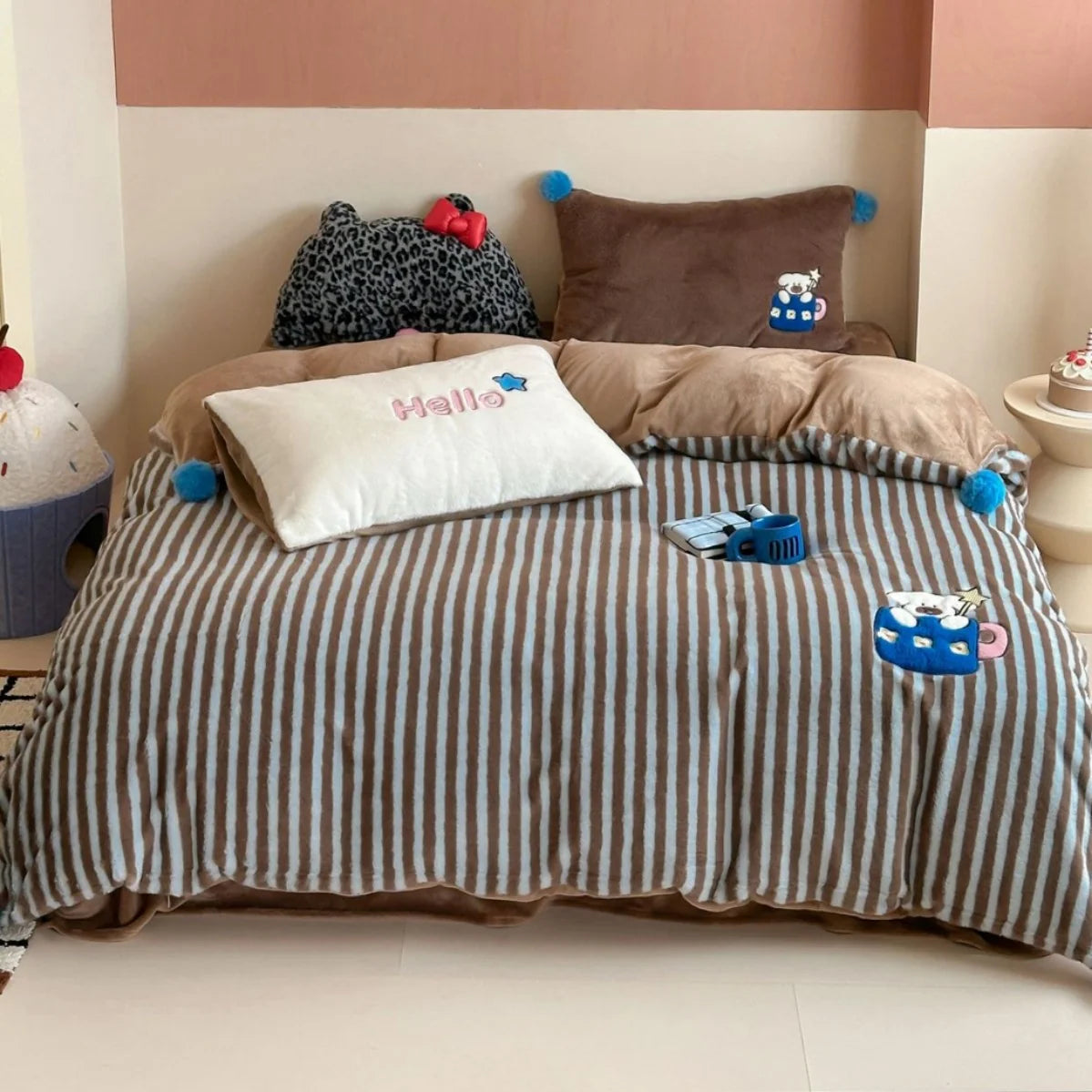 Unisex Omkeerbare Dekbedovertrekset Gestreept Pluche 0