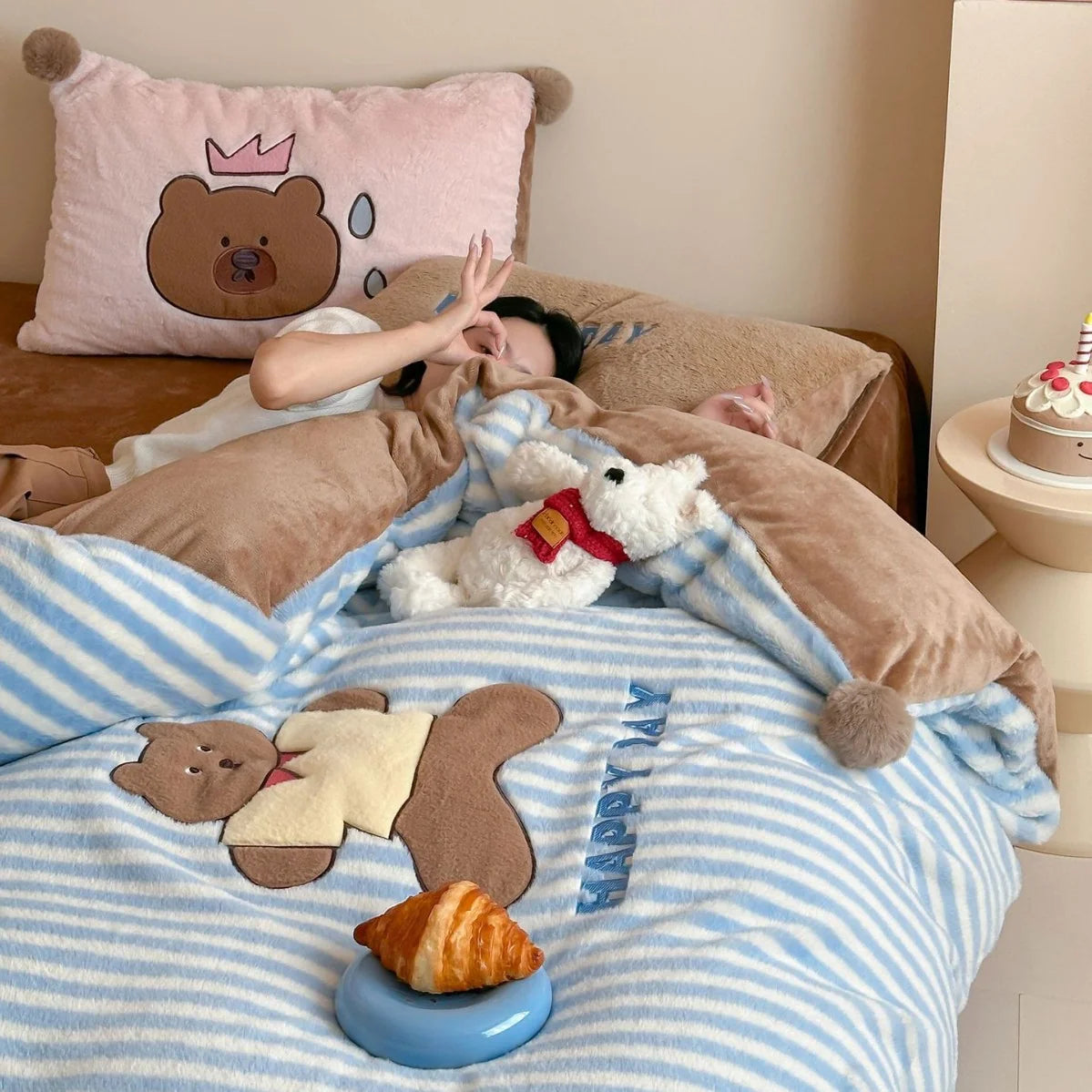 Unisex Omkeerbare Dekbedovertrekset Gestreept Pluche 1