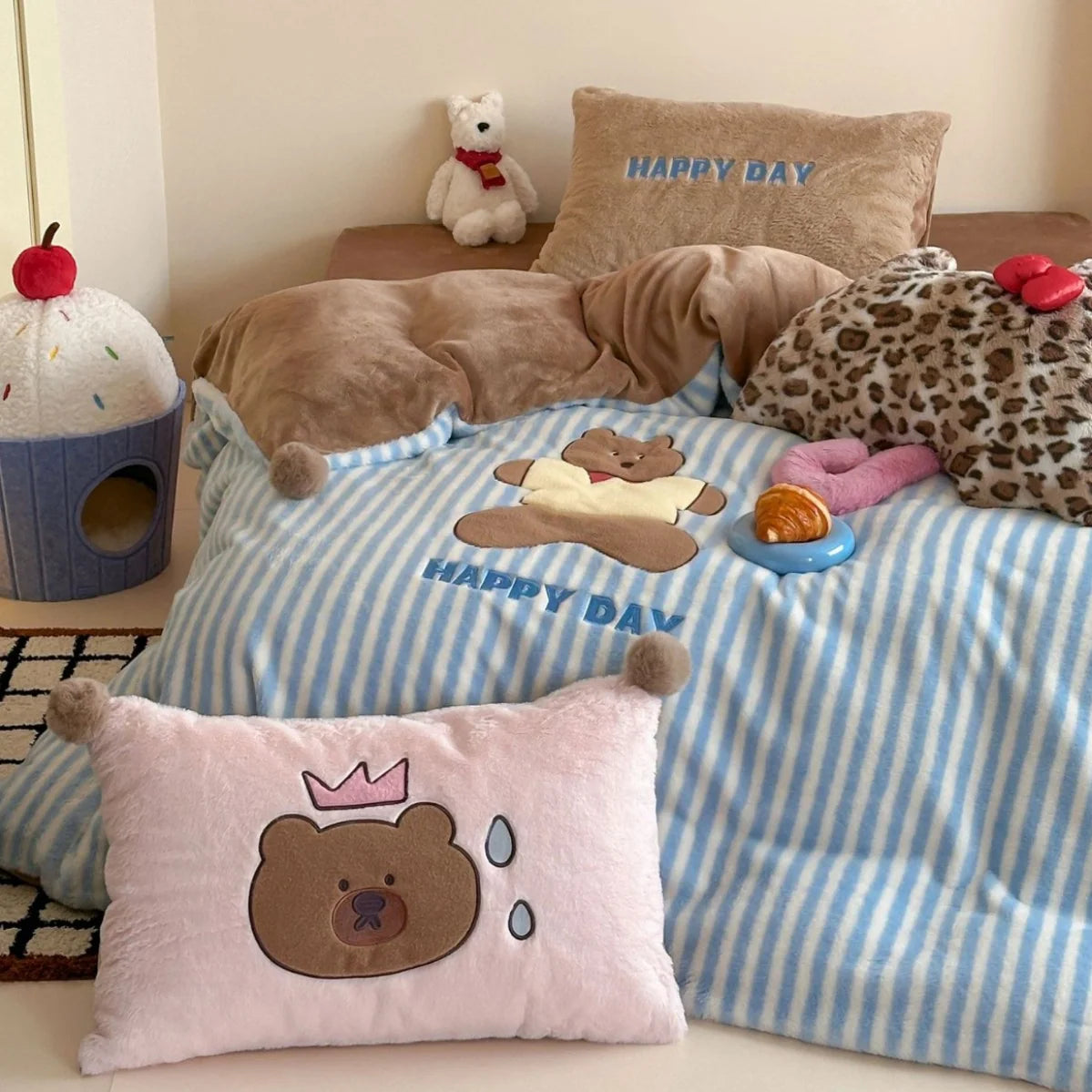 Unisex Omkeerbare Dekbedovertrekset Gestreept Pluche 2