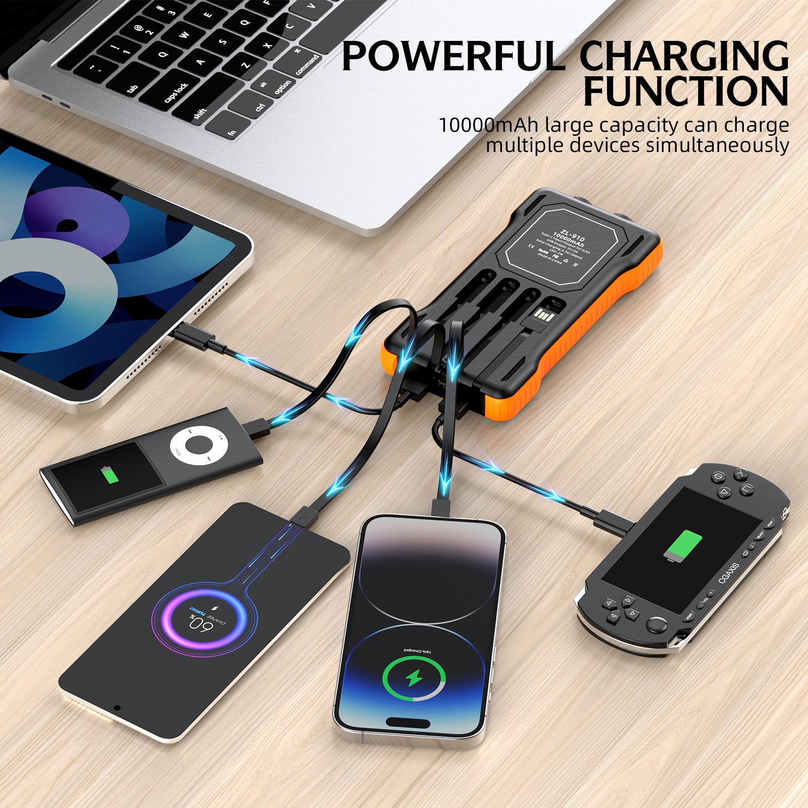 Unisex Powerbank met Zonne-energie en Multifunctionele Laadkabels 3