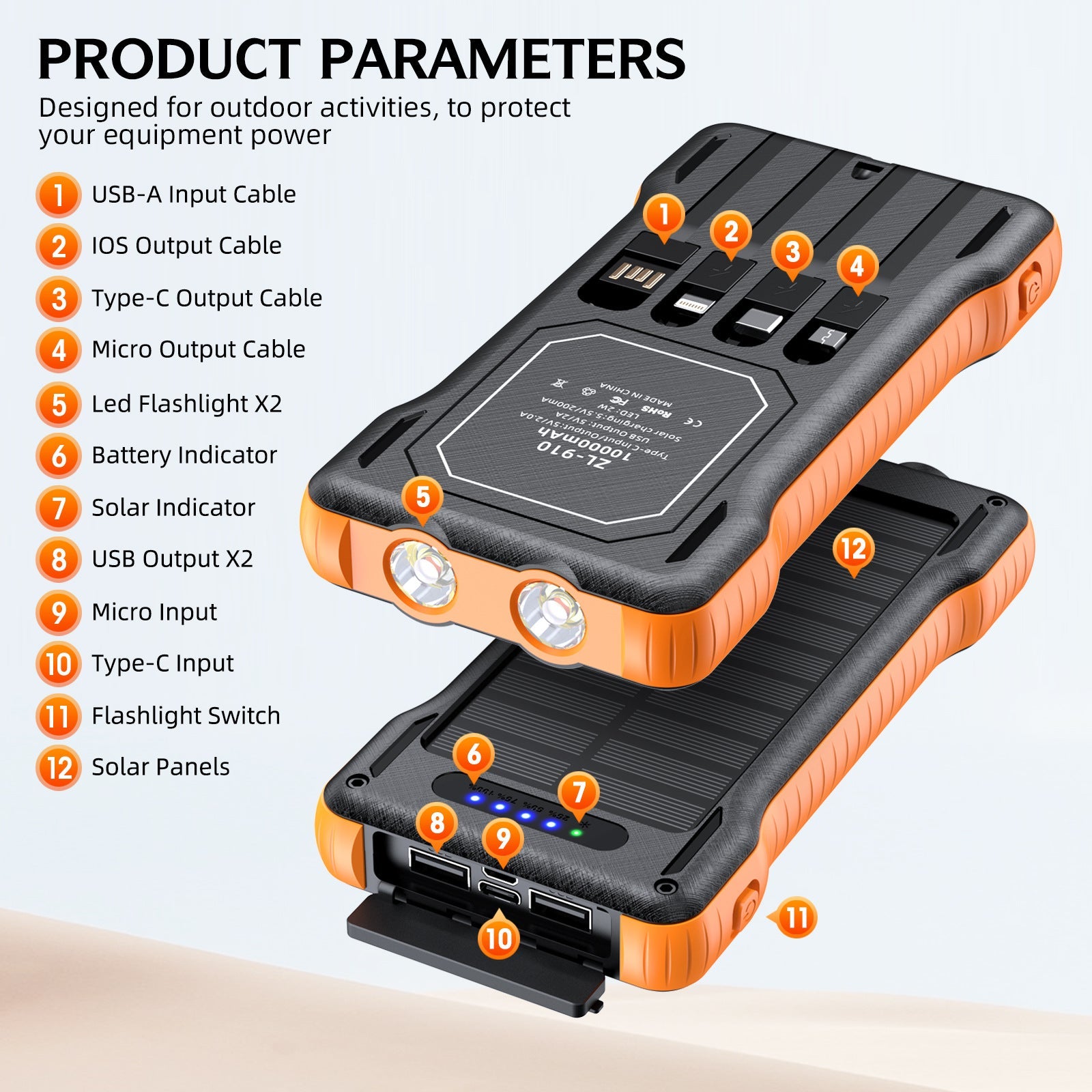 Unisex Powerbank met Zonne-energie en Multifunctionele Laadkabels 4