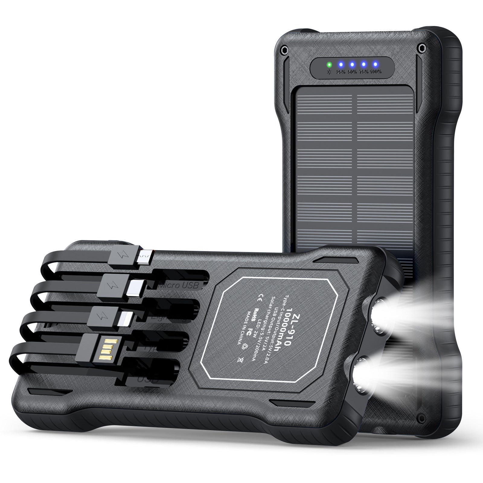 Unisex Powerbank met Zonne-energie en Multifunctionele Laadkabels 7