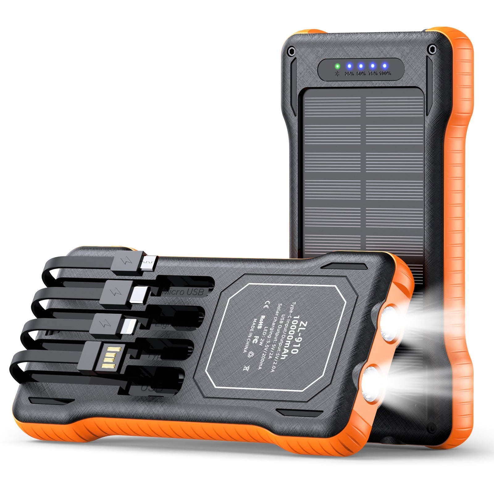 Unisex Powerbank met Zonne-energie en Multifunctionele Laadkabels 8