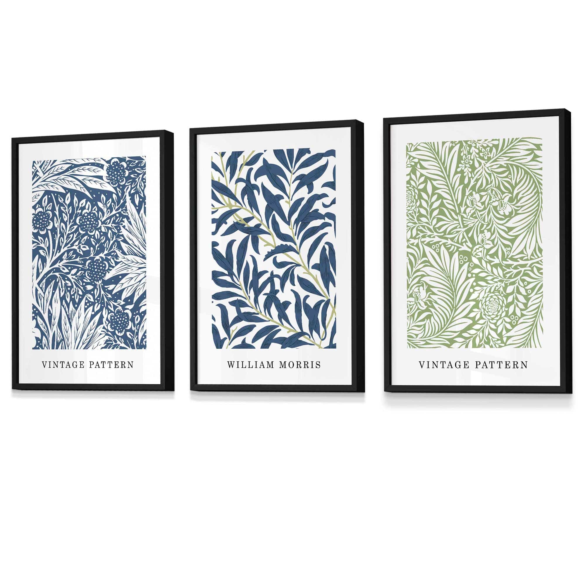Vintage Muurkunst Set met Bloemenprints in Blauw en Groen 0