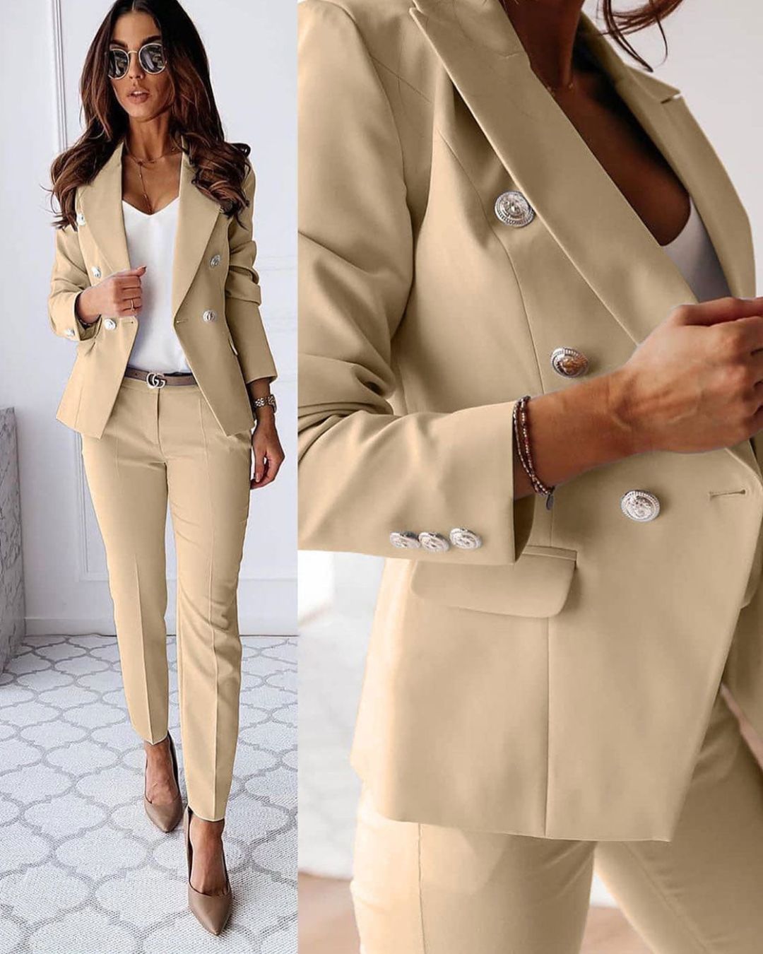 Vrouwen Dubbelgeknopte Blazer en Broekset met Tailored Fit 1