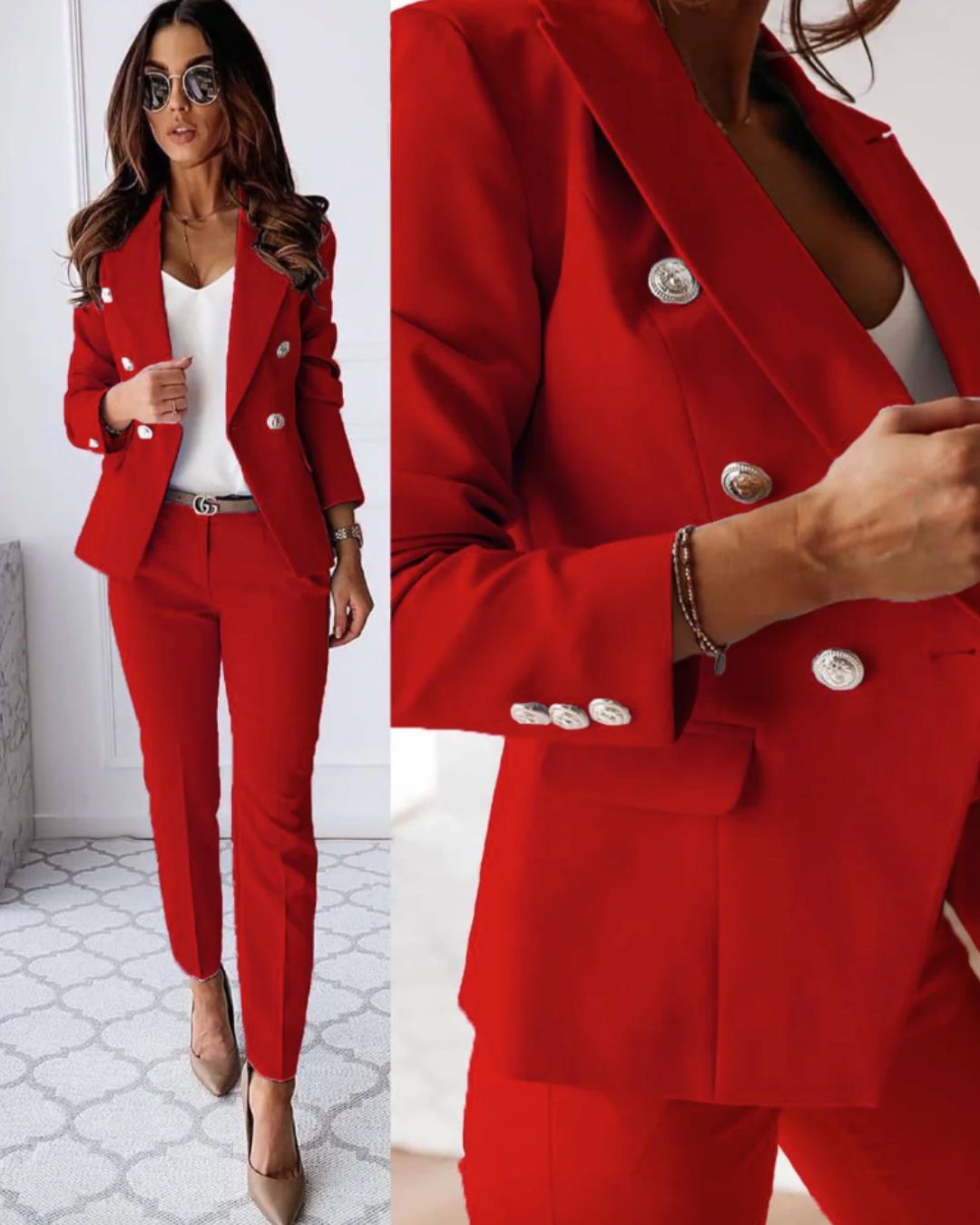 Vrouwen Dubbelgeknopte Blazer en Broekset met Tailored Fit 2
