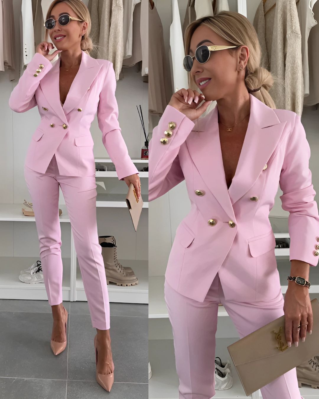 Vrouwen Dubbelgeknopte Blazer en Broekset met Tailored Fit 3