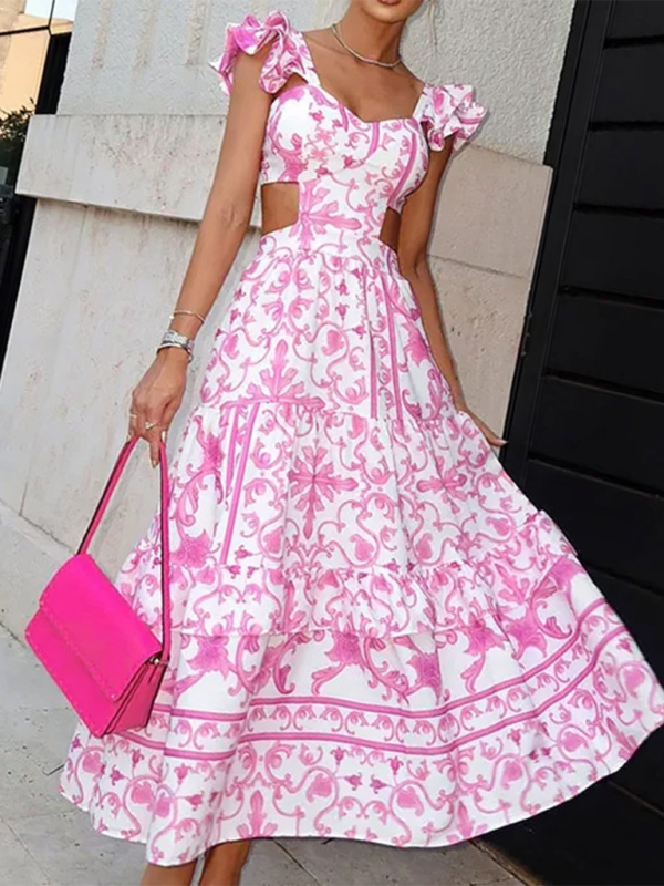 Vrouwen Floral Print Hollow Dress Romantische Stijl 1