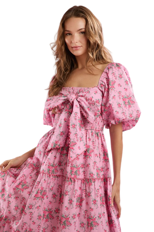 Vrouwen Maxi Jurk Met Bloemenprint Voorzijde Strik Detail 0