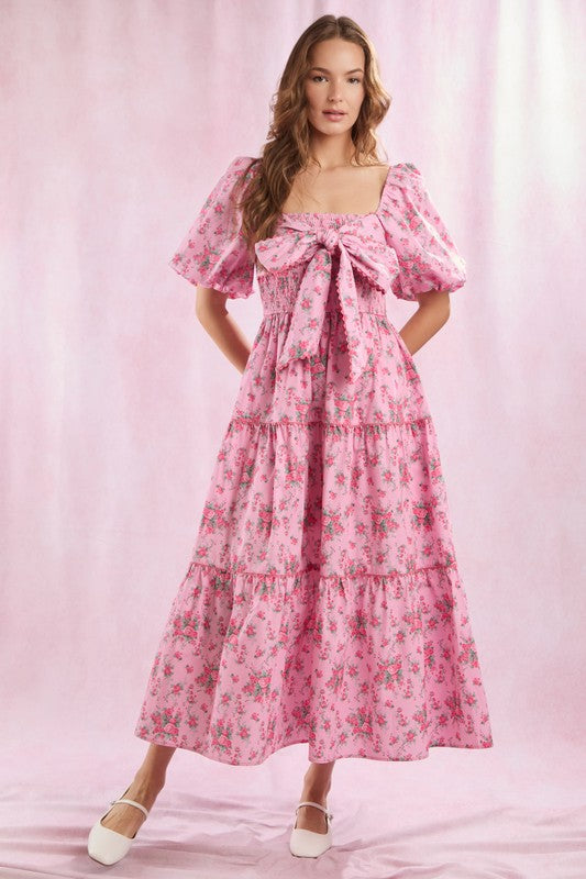 Vrouwen Maxi Jurk Met Bloemenprint Voorzijde Strik Detail 1